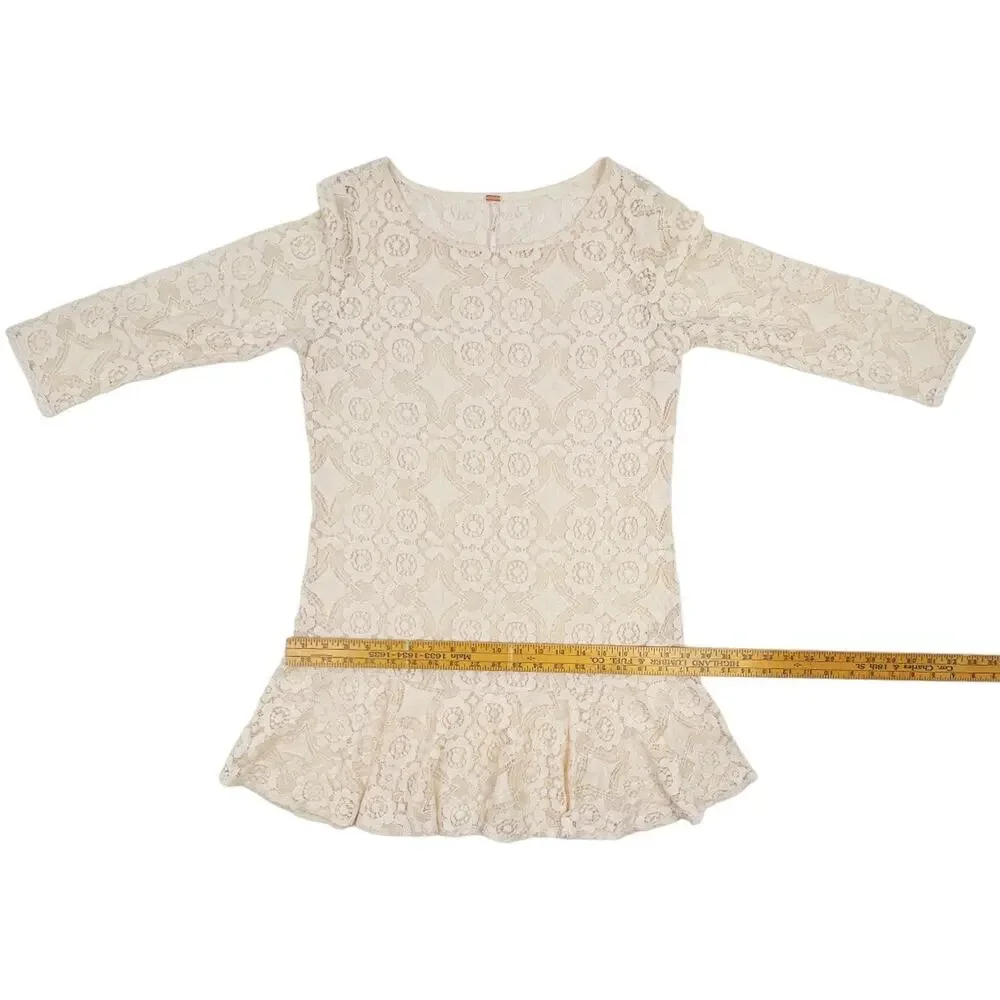 Free People Dress Womens 10 Ivory Lace Ruffle Hem 3/4 Sleeve Sheath *Read